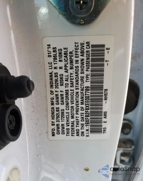 2014 Honda Civic Ex from USA, damaged, VIN 19XFB2F8XEE007789